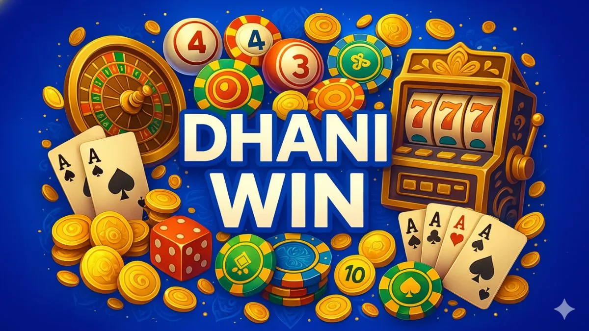 Dhani Win casino games collage — slots, roulette, dice, cards and gold coins
