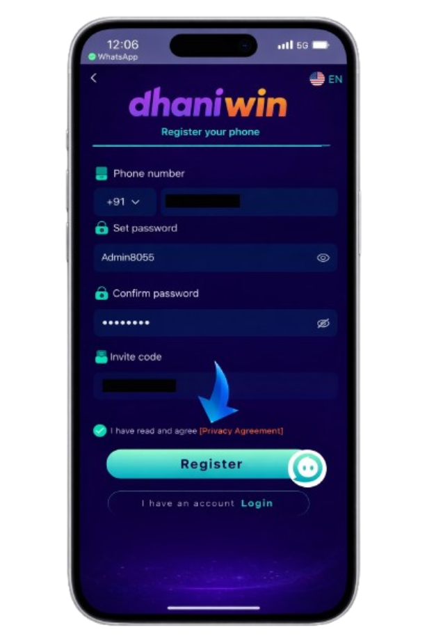 Dhani Win register screen